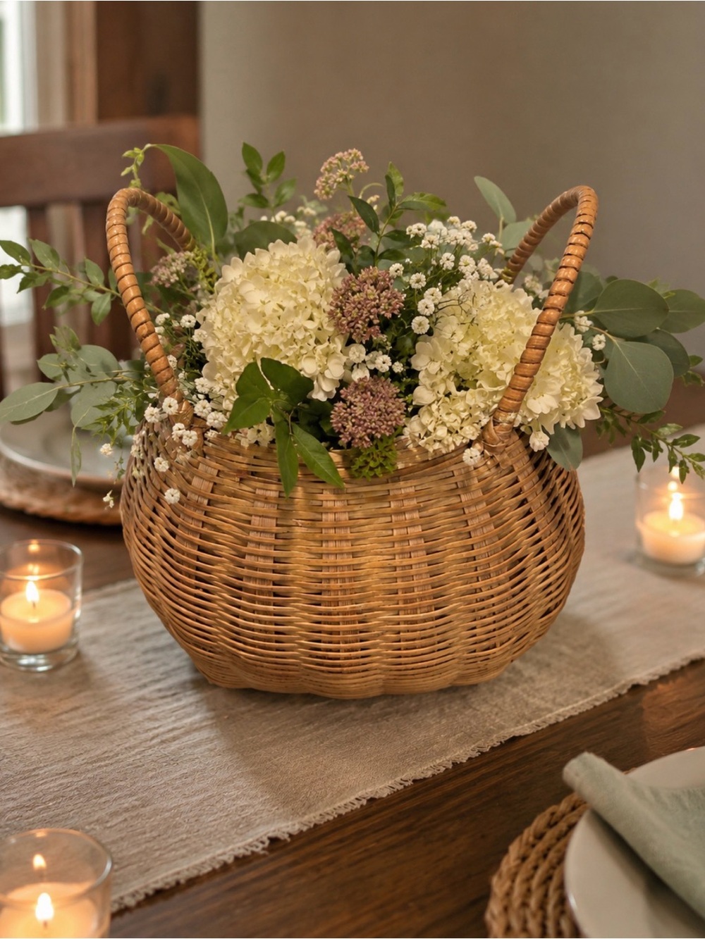 Handwoven Natural Rattan Basket with Handles - Brown